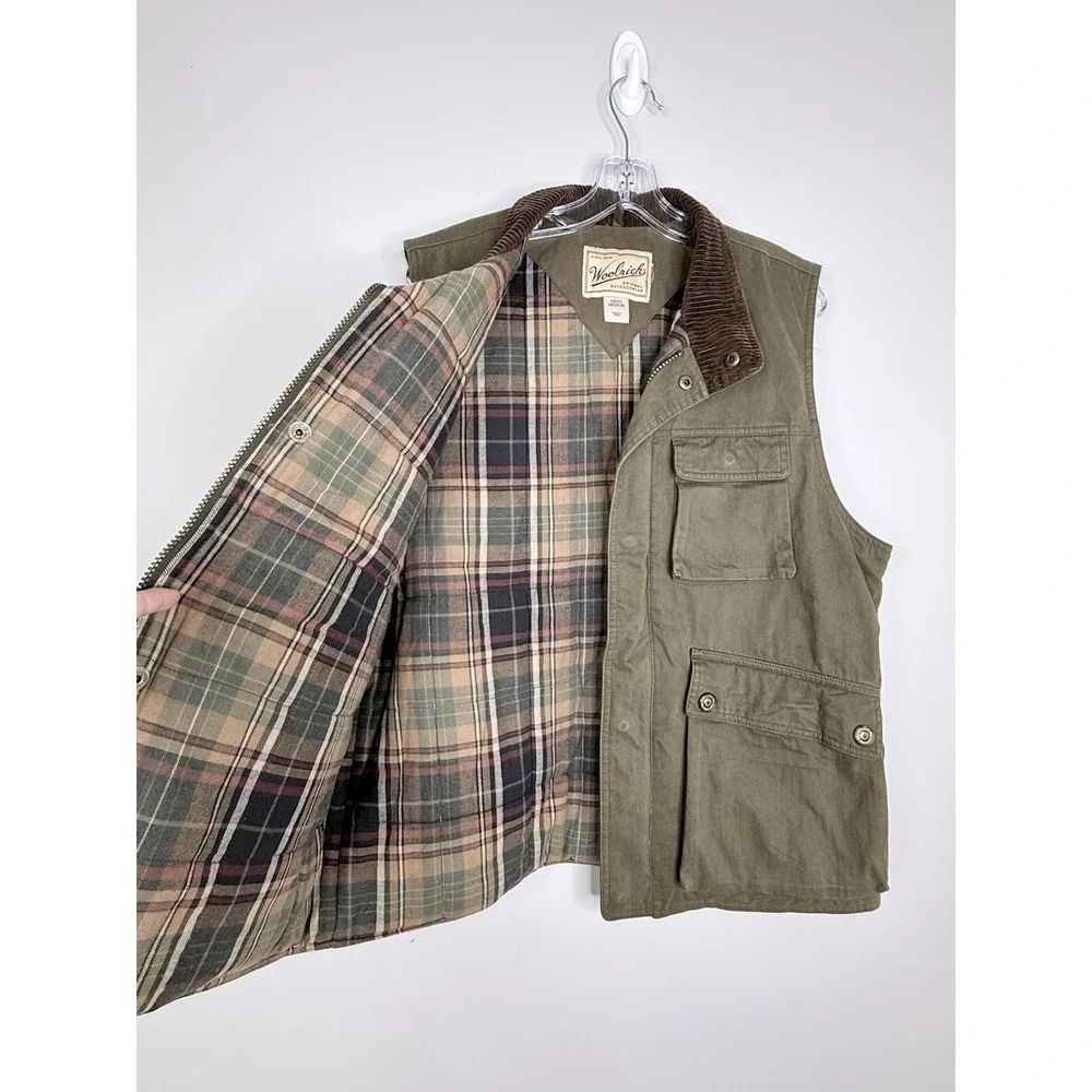 Woolrich Mens M Moss Green Plaid Flannel Lined Insulated Corduroy Collar Vest